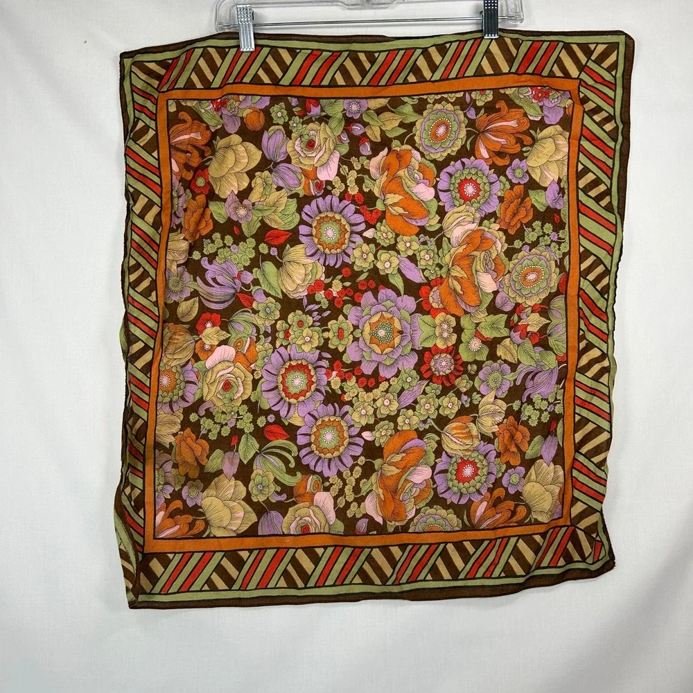 Vintage 70s Retro Floral & Striped Border Square Scarf Brown Boho Neck Kerchief
